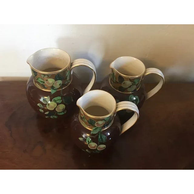 Victorian English Aesthetic Movement Pottery Pitchers Decorated with Fruit Peach Quince Branches - Set of 3 For Sale - Image 3 of 12