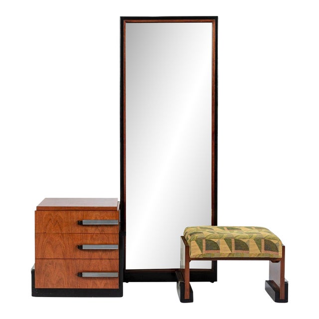 Antique Art Deco Wood Vanity Mirror & Stool by Donald Deskey for Widdicomb 1930s For Sale