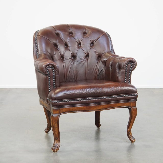 English Cowhide Chesterfield Armchair with Wood Legs For Sale - Image 16 of 16