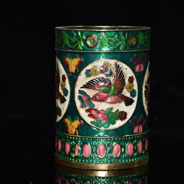 Metal 1960s Enamel Brush Pot With Bird and Flower Motif For Sale - Image 7 of 9