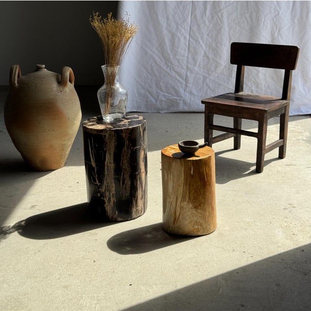 Black Side Table in Black Petrified Wood with Beige Striations and a Circular Arc For Sale - Image 8 of 18