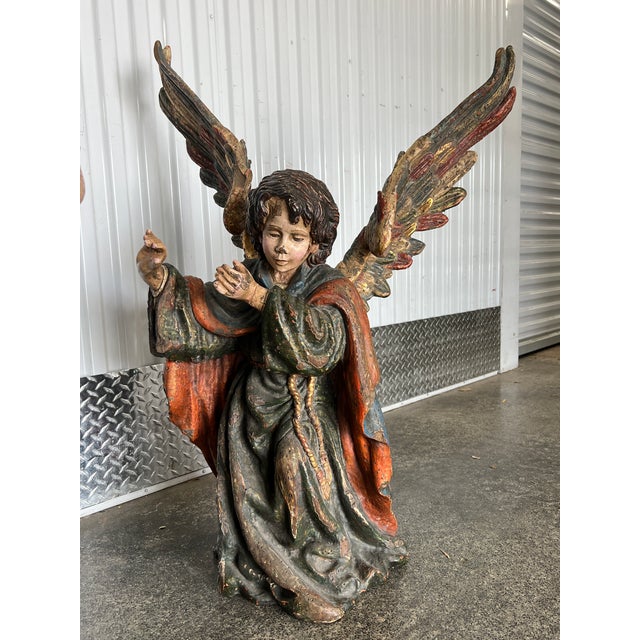 Large Late 20th Century Continental Hand Carved Wood Angels - a Pair For Sale In Miami - Image 6 of 11
