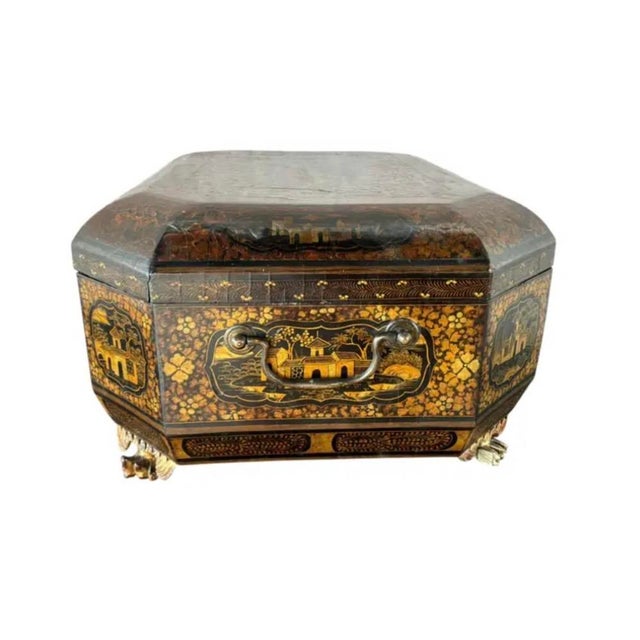 19th Century 19th Century Chinese Export Lacquer Chinoiserie Sewing Box For Sale - Image 5 of 15