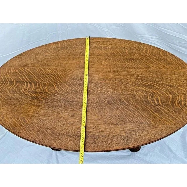 Brown 1910s Oval Desk Writing Table Tiger Oak Drawer Shelf Fluted Base Columns For Sale - Image 8 of 10