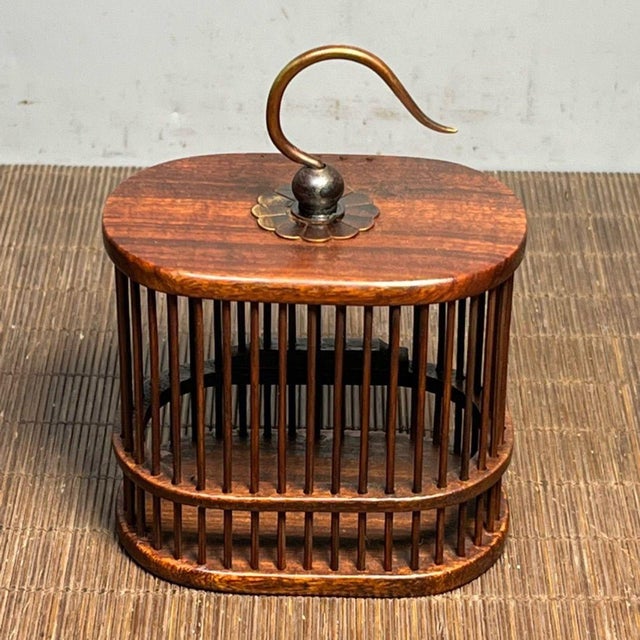 Chinoiserie Vintage Rosewood Cricket Cage | Small Oval Hanging Box | Asian Chinoiserie Decor For Sale - Image 3 of 9