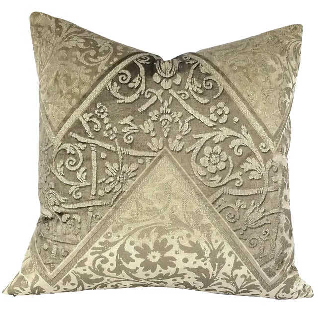 Brunschwig & Fils Mainard Damask in Beige and Silver Pillow Cover - 20” X 20” For Sale
