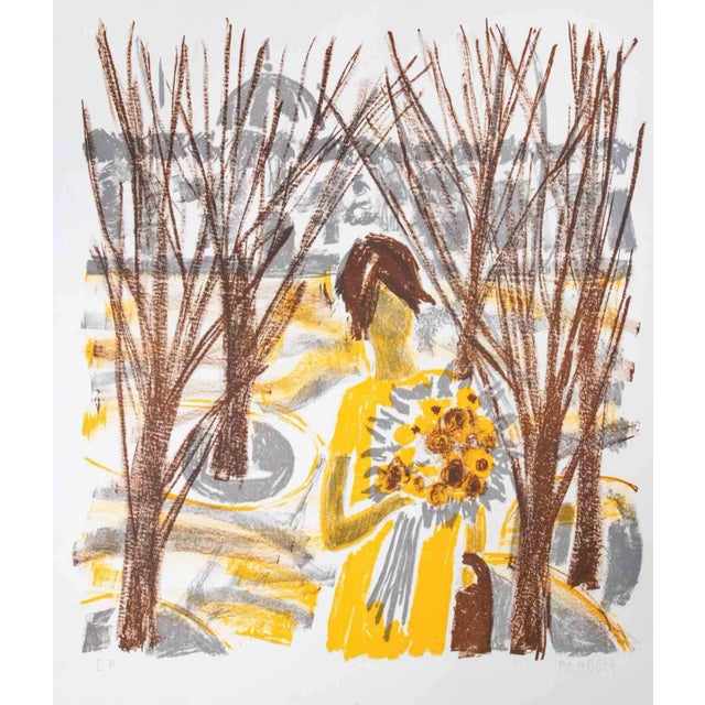 Nicole Praden, Woman with Flowers, Lithograph, Mid-20th Century, Framed For Sale