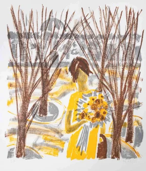 Nicole Praden, Woman with Flowers, Lithograph, Mid-20th Century, Framed