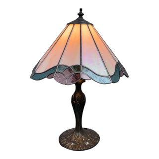 Tiffany Style Stained Glass + Iridescent Table Lamp For Sale