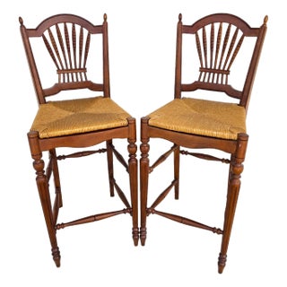 Ethan Allen Country French Wheat Sheaf Back Rush Seat Bar Stools Set of 2 For Sale