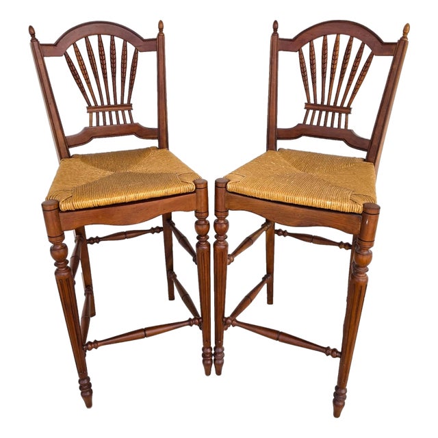 Ethan Allen Country French Wheat Sheaf Back Rush Seat Bar Stools Set of 2 For Sale