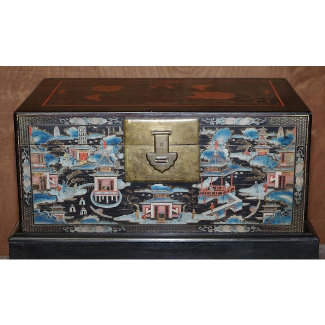 Large Vintage Chinese Hand-Painted Chests on Stands, Set of 2 For Sale - Image 16 of 18