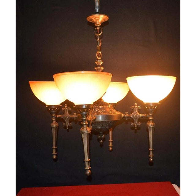 Mid-Century Modern Four-Light Bronze Chandelier with Holophane Prismatic Glass Shades, 1950s For Sale - Image 13 of 18