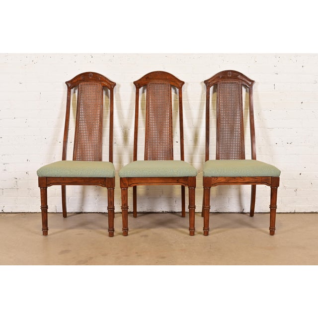 Henredon Style Mid-Century Hollywood Regency Carved Oak and Cane Bamboo Form High Back Side Chairs or Dining Chairs, Set of Three For Sale - Image 12 of 12