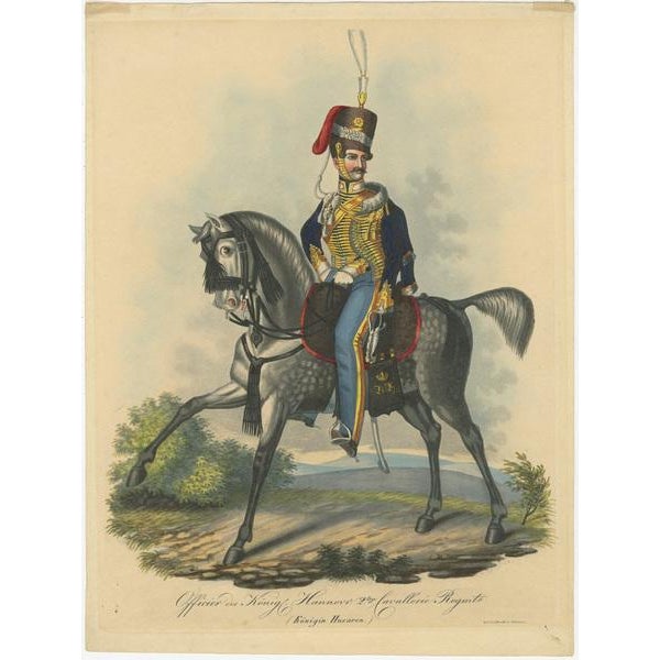 This hand-colored lithograph from the 19th century depicts an officer from the king's german legion, specifically the "2nd...