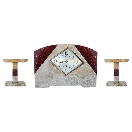 Italian Marble Art Deco Mantel Clock Set With Matching Garniture - Set of 3 For Sale