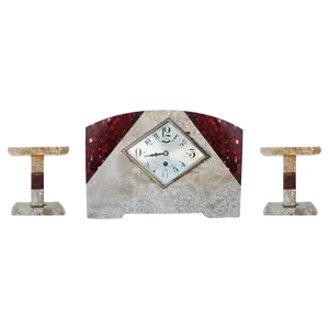 Italian Marble Art Deco Mantel Clock Set With Matching Garniture - Set of 3