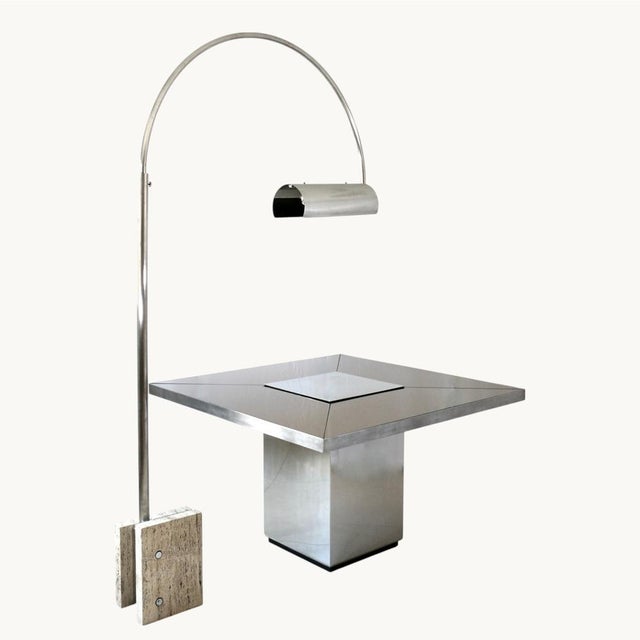 Silver Vintage Square Table with Central Stainless Steel Base and Four-Part Smoked Glass Top, 1970s For Sale - Image 8 of 11