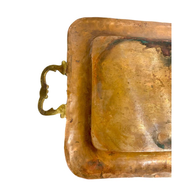 Vintage French Provincial Brass and Copper Two Handle Serving Cocktail Tray For Sale - Image 13 of 18