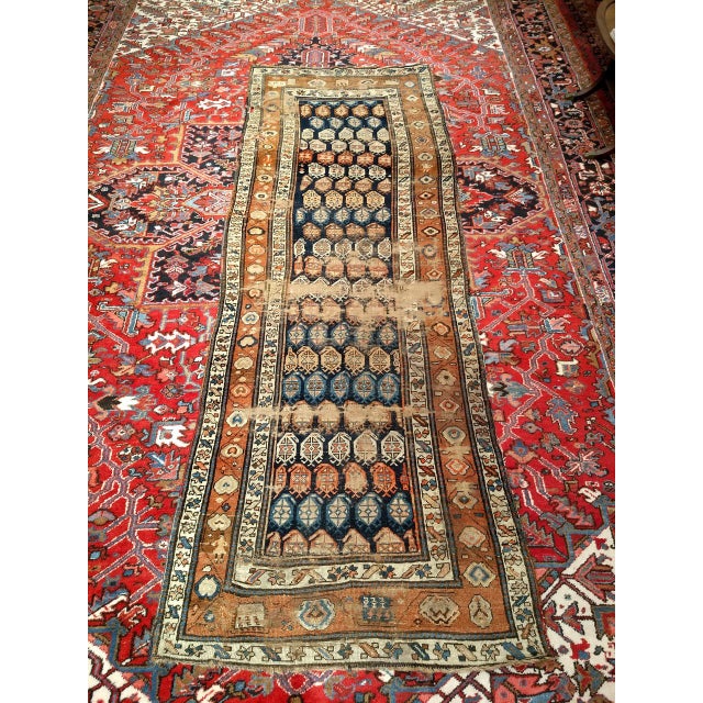 Vintage Persian Kurdish Runner Rug, Hand-Knotted Wool, All-Over Paisley Pattern, Blue & Green, 4x10 For Sale - Image 9 of 9