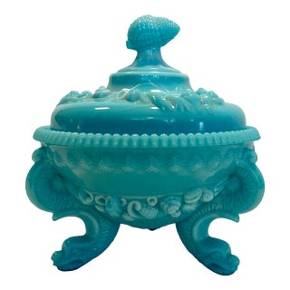 Antique French Opaline Portieux Vallerysthal Footed Dish With Shells and Dolphins For Sale
