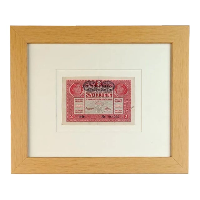 Framed Austro-Hungarian 2-Crown Banknote With "Deutschösterreich" Overstamp, Circa 1917 For Sale