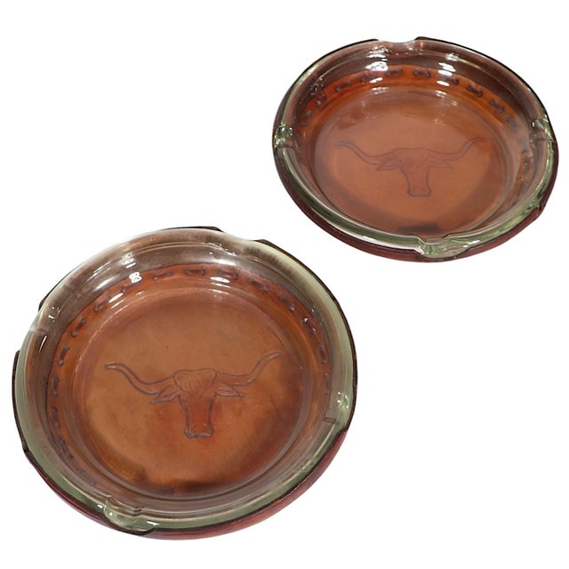 Brown 2 Vintage Leather and Glass Longhorn Ashtrays by Bamco For Sale - Image 8 of 11