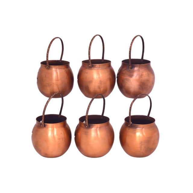 Set of six pumpkin jack-o-lantern votive tea light candle holders candy dishes cups in copper bronze metal with hand...