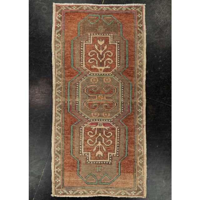 Terra Cotta Turkish Mini Rug Oriental Hand Knotted Vintage Rug 1'9" x 3'7" #21157 For Sale - Image 8 of 8
