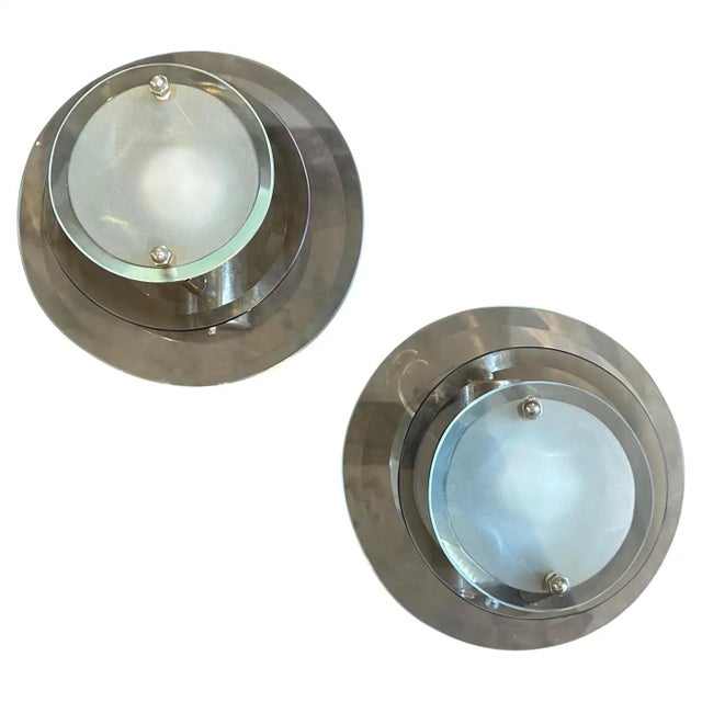 Veca Two 1960s Space Age Glass and Chromed Metal Italian Wall Sconces by Veca For Sale - Image 4 of 11