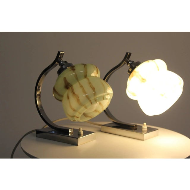 Chrome-Plated Brass and Marbled Opal Glass Table Lamps, 1930s, Set of 2 For Sale - Image 11 of 13
