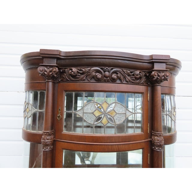 Late 1800s Large Tall Tiger Oak Leaded Stain Glass Curio Cabinet Cupboard 6573 For Sale - Image 11 of 18