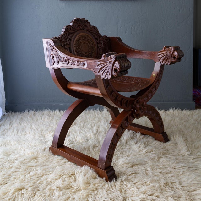 Spanish Revival Spanish Colonial Savonarola Chair With Carved Lion Heads and Tooled Leather For Sale - Image 3 of 18