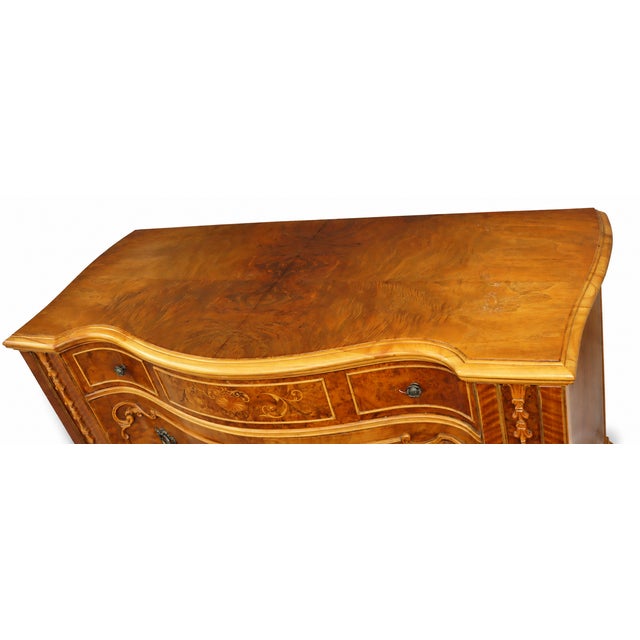 Antique Burl Wood Serpentine-Front Dresser With Floral Inlay and Carved Details For Sale - Image 4 of 10