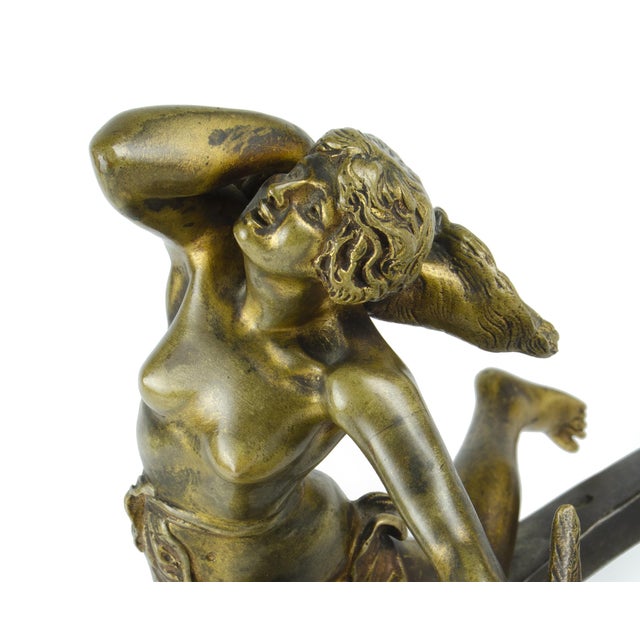 Early 20th Century Art Nouveau Bronze Sculpture of a Nude Mythological Young Woman on a Horseshoe 'Fortuna' by Charles Tabora, France For Sale - Image 6 of 9