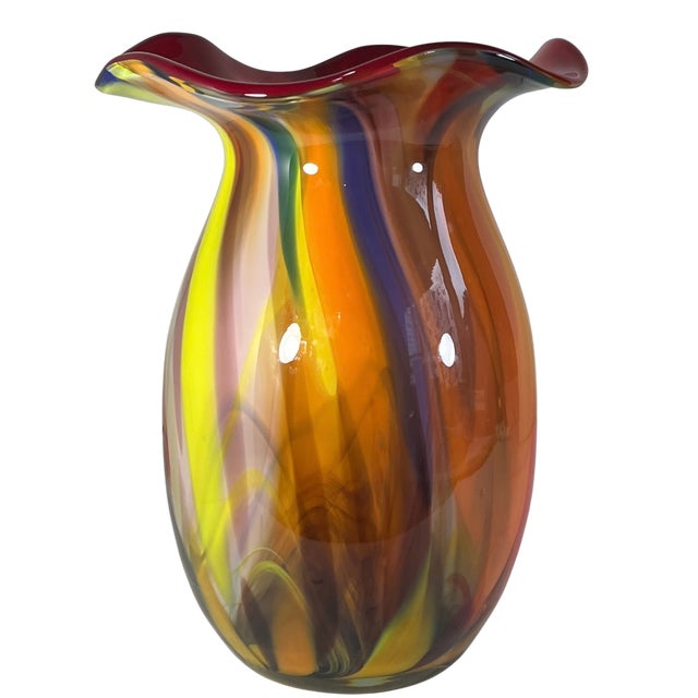 Bulbous Orange Marbled Flared Lip Art Glass Vase For Sale - Image 11 of 16
