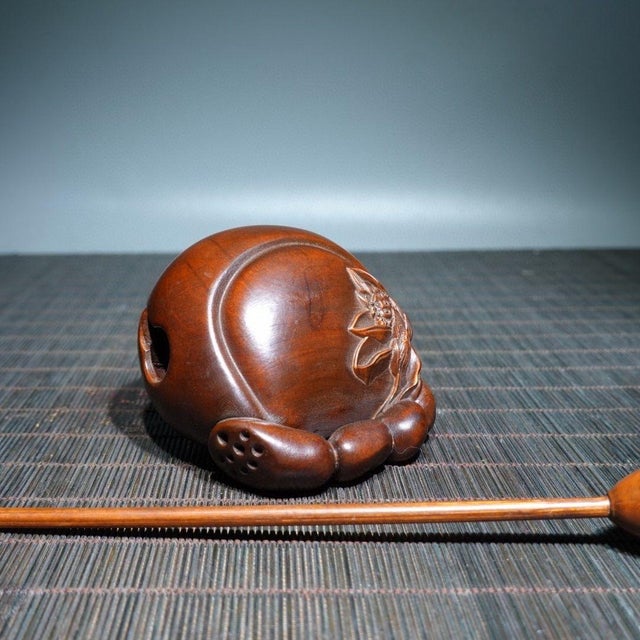 Wood Vintage Chinese Boxwood "Lotus" Wooden Fish (Muyu) With Mallet - 115g For Sale - Image 7 of 9