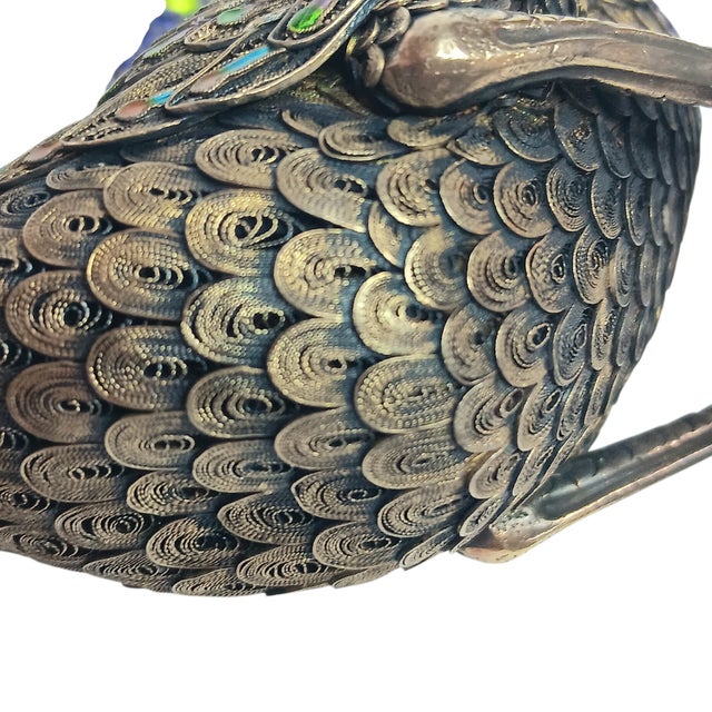 Vintage Filigree Enamel Duck Bird Figurine Sterling Silver Beak and Feet Blue & Gold With Green Eyes For Sale - Image 12 of 16