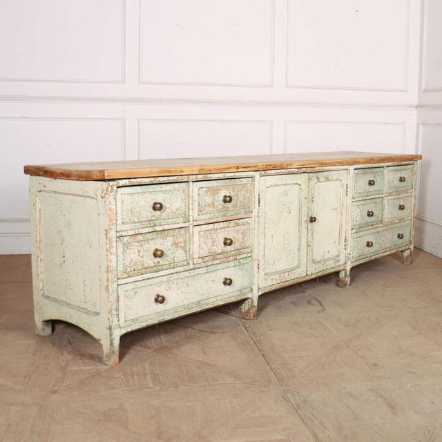 Stunning 19th century English country house dresser base with a thick scrubbed sycamore top and original paint finish....
