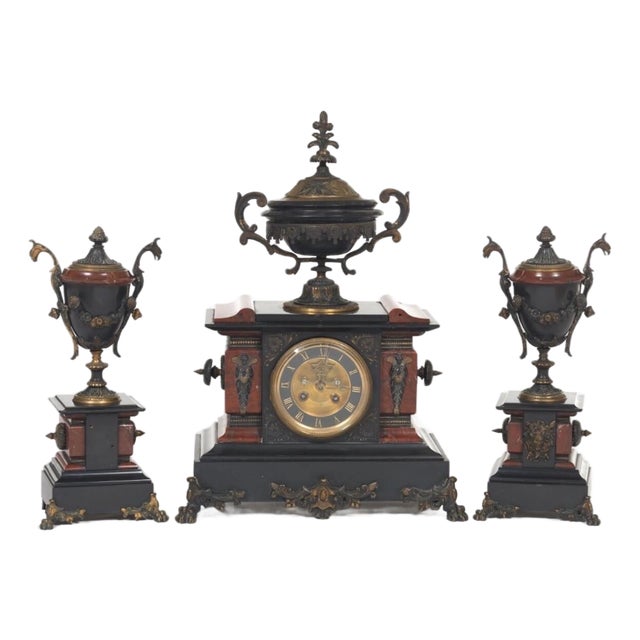 Antique Samuel Marti French Rouge Marble &Bronze 8 Day Mantle Clock Garniture For Sale