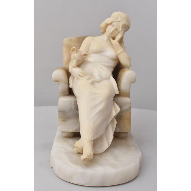 Antique Alabaster Sculptures Young Girl Sculpture with Dog by Giuseppe Gambogi, 1890s For Sale - Image 4 of 12