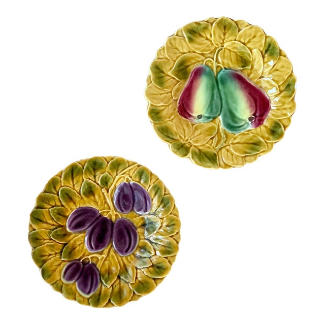 Vintage French Parry & Vieille Majolica Fruit (Plum & Pear) Plates in the Style of De Serreguemines- Set of 2 For Sale