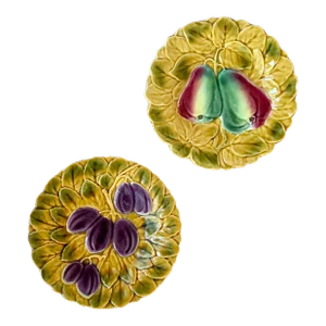 Vintage French Parry & Vieille Majolica Fruit (Plum & Pear) Plates in the Style of De Serreguemines- Set of 2