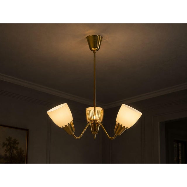 Hans Bergstrom Attribution, ASEA, Swedish Mid-Century Modern, Pendant Light or Chandelier, Brass, Glass, Sweden, 1940s An...