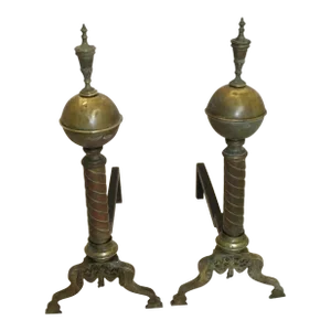 Pair of Regency Style Fireplace Copper & Brass Andirons, 19th Century