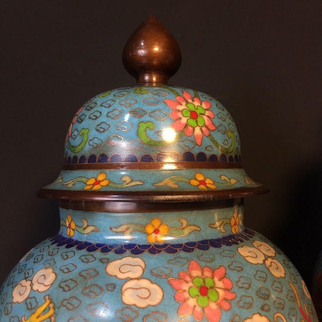 Metal Pair of Monumental Chinese Cloisonné "Dragon & Phoenix" Covered Ginger Jars - 14.3 LBS For Sale - Image 7 of 9