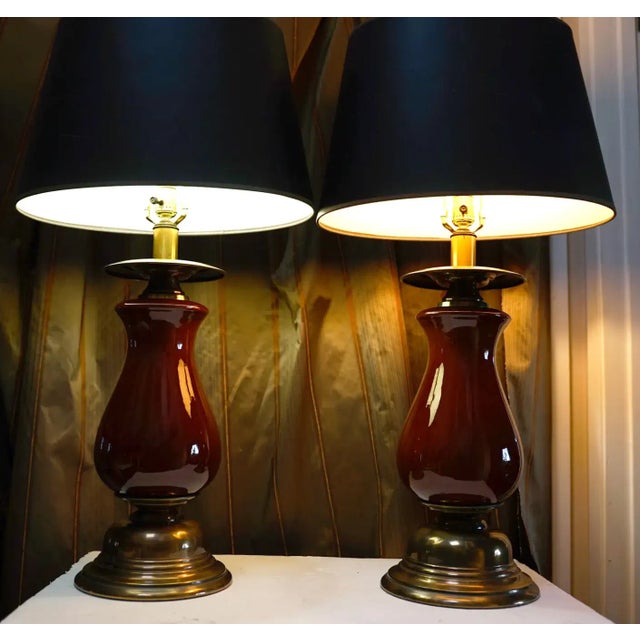 Pair of 21st Century Brass and Ceramic Burgundy Baluster Lamps For Sale - Image 4 of 10