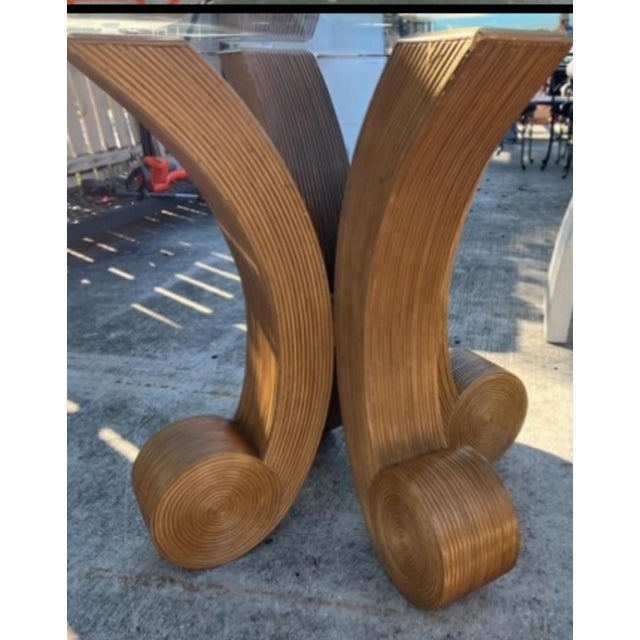 Wood Bamboo Pencil Reed Round Glass Dining Table For Sale - Image 7 of 12