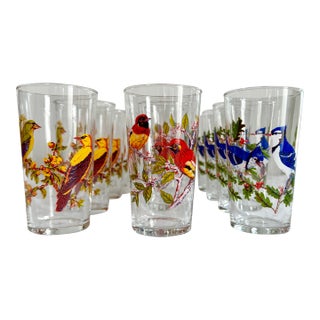 Vintage Juice Glasses With Colorful Birds - Set of 12 For Sale