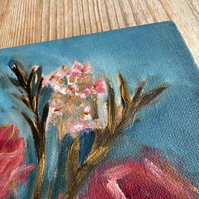 Small Contemporary Roses With Gold Accents & Teal Background, Painted on Linen Style Canvas by American Artist Kristin Ashman. “Golden Teal.” For Sale - Image 4 of 9